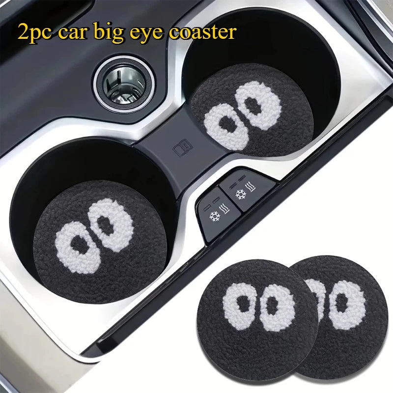 2pcs Car Big Eye Interior Coaster Wear-Resistant and Absorbent Leather Non-Slip Anti-Shock Anti-Water Leakage Proof