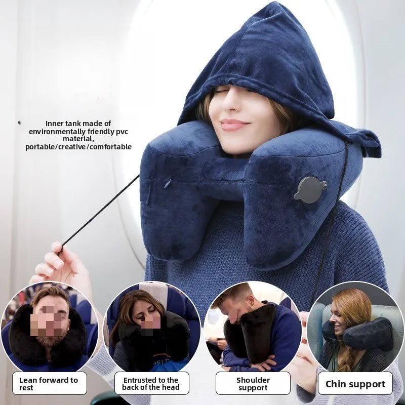 Neck Pillow Travel U-shaped Inflatable Pillow H Hooded Pillow Outdoor Car Long-distance Flight