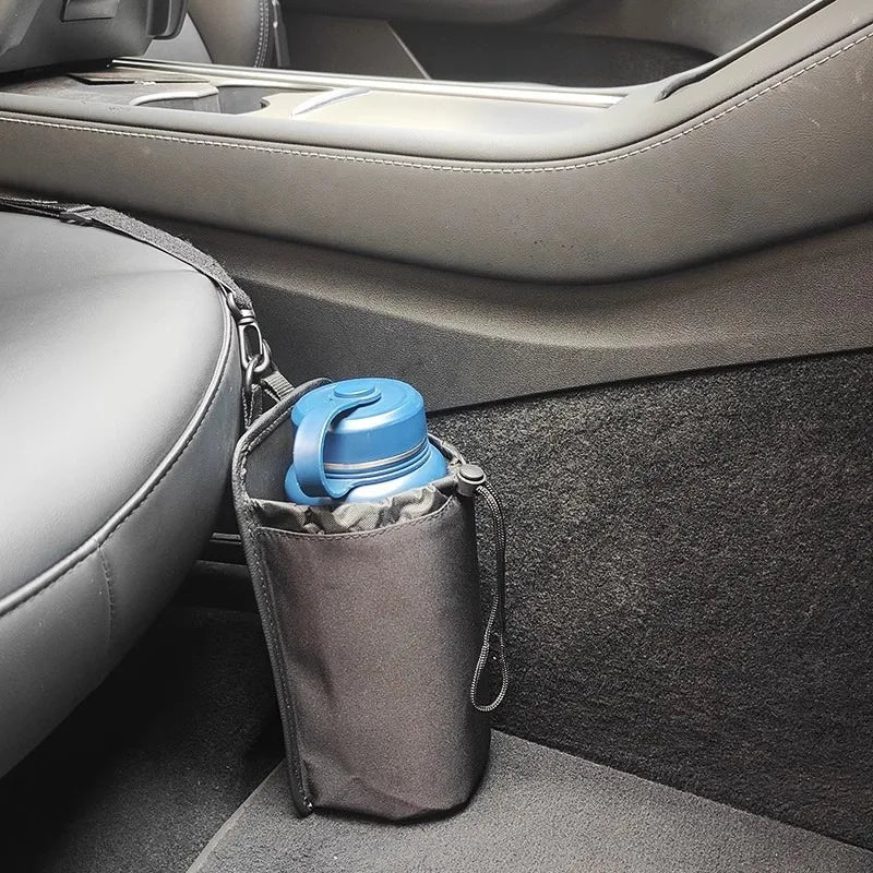 Universal Car Water Bottle & Thermos Holder For Center Console Side Mount with Storage Pocket Adjustable Strap Interior Organize