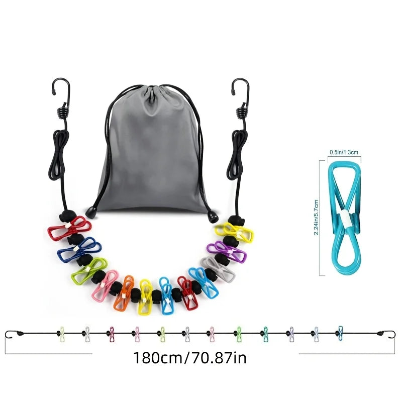 2-piece camping portable clothesline, equipped with 12 clothing clip on storage bags, camping accessories travel clothing line, can be used for indoor clothing drying or as outdoor camping supplies.