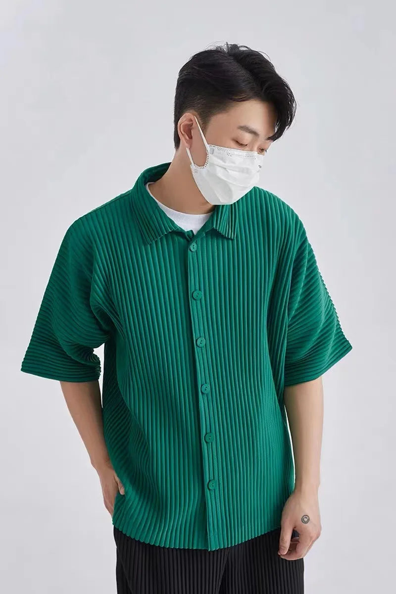 Miyake Pleated Short Sleeve Shirt Men's 2026 Classic Pleats Top Short Sleeve Summer Loose Plisse Jacket Loose Plus Size Fold Top