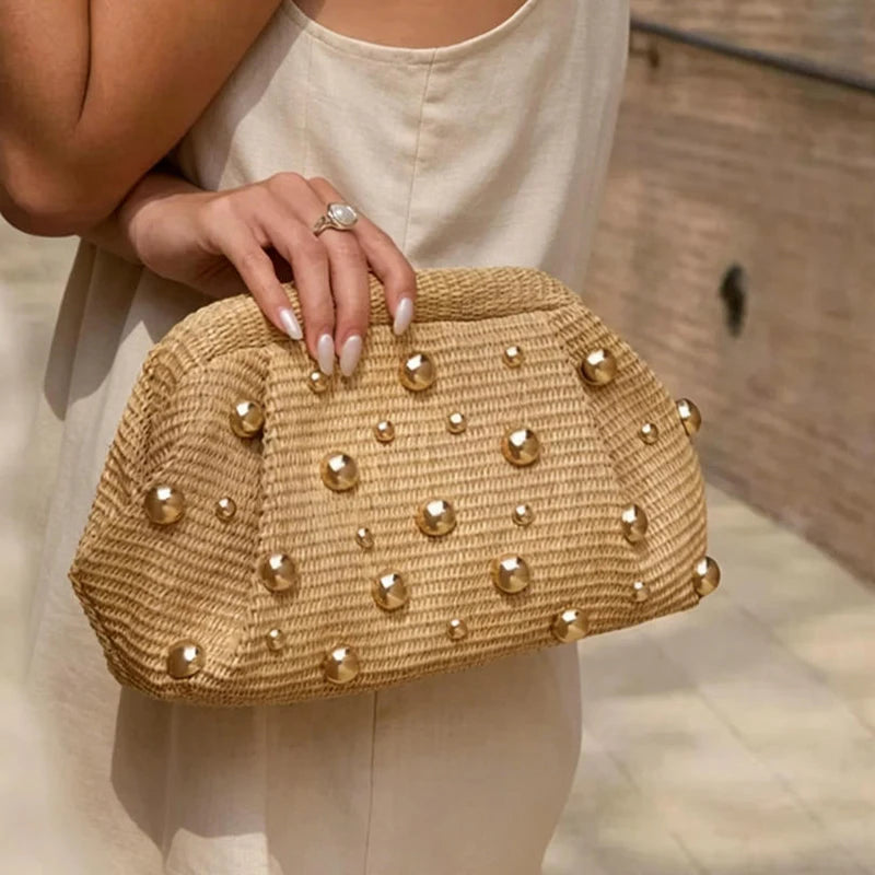 Straw Woven Metal Studded Cloud Lock Frame Evening Clutch Bag,Chic Summer Beach Party Purse,Lightweight Elegant Resort Handbag