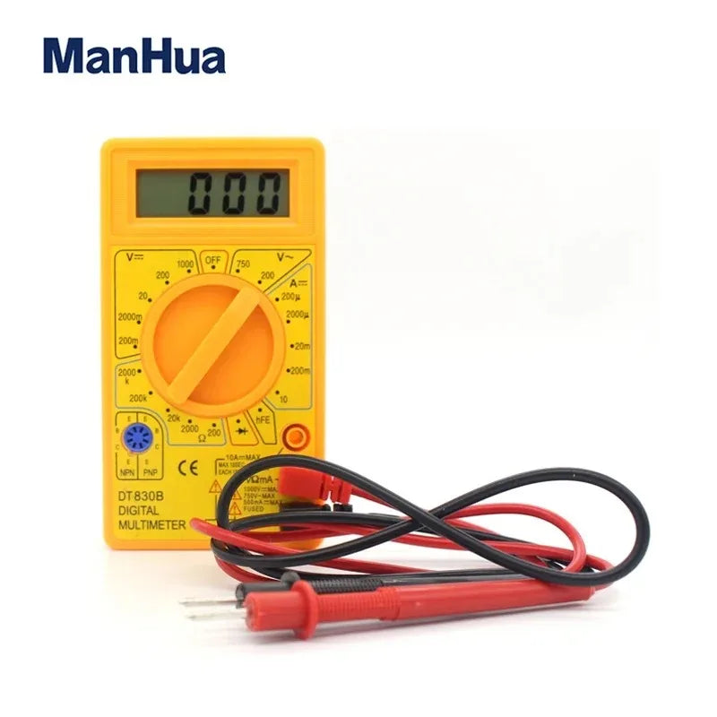 ManHua DT830B Mini Digital Multimeter with LCD Overload Protection Voltage Amperage Test Probe DC AC Yellow