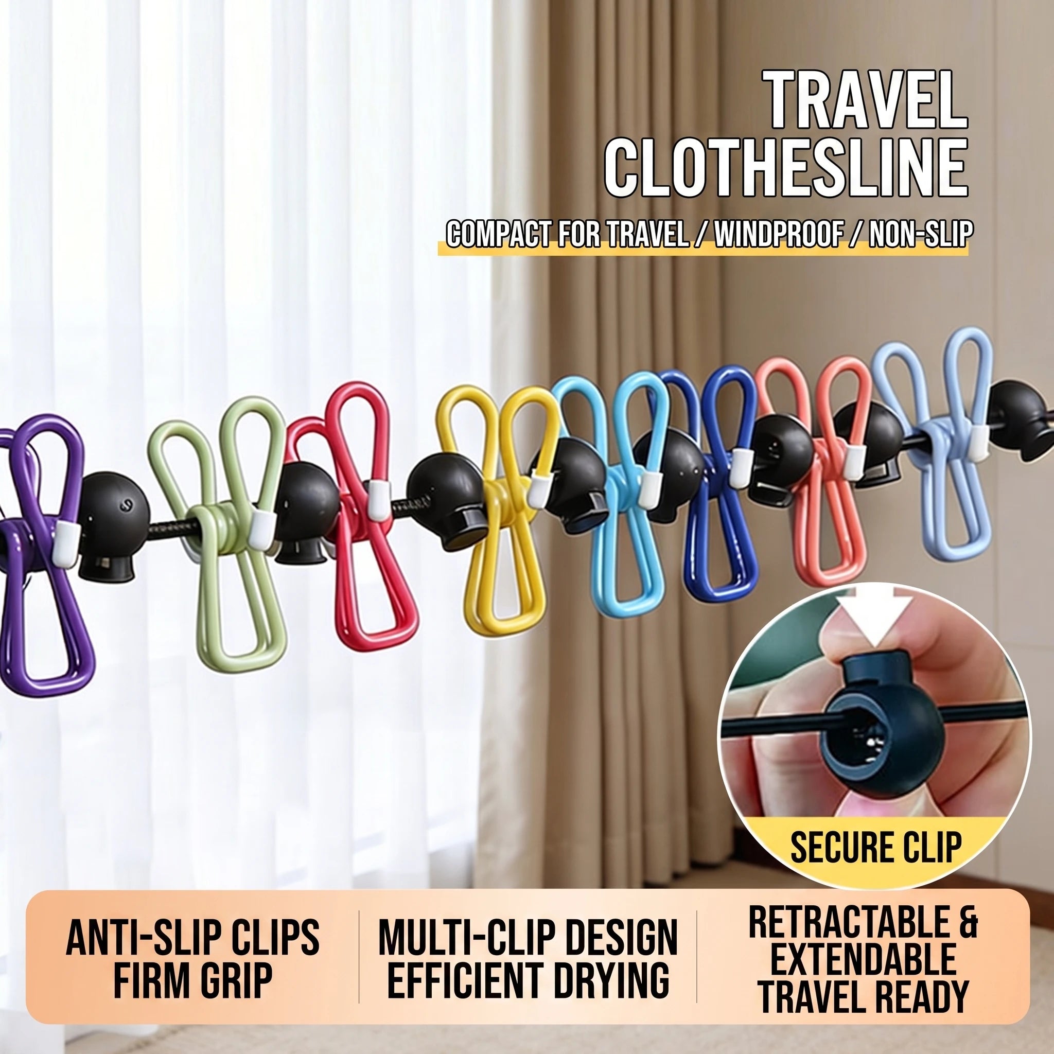 Travel Clothesline Clothes Line with 12 Clothes Clips Corde a Linge Voyage Camper Essentials for Travel/Courtyard/Balcony/Hotel