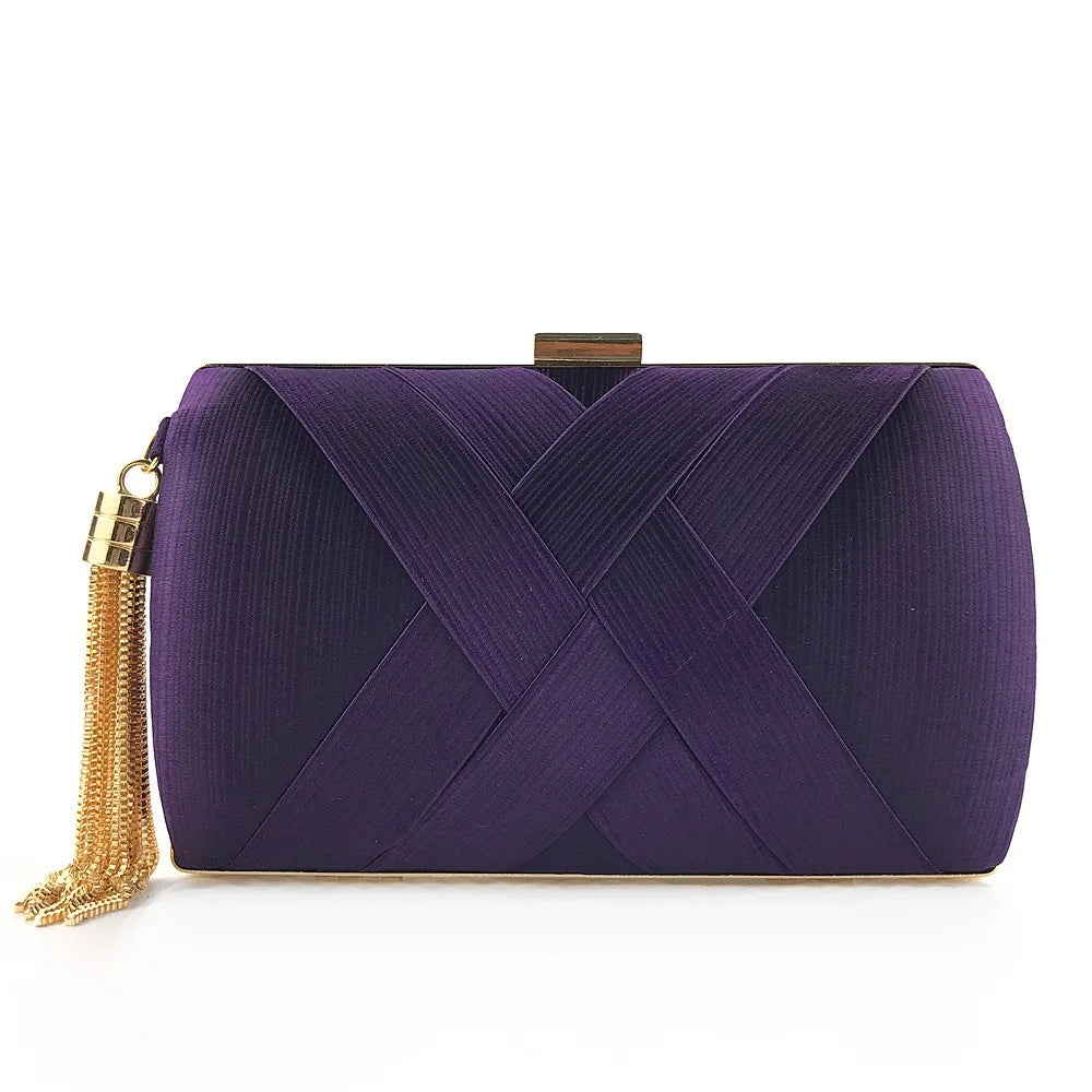 Casual Luxury Silk Fabric Dinner Handbag Tassel Chain Evening Banquet Bag Hand Hold Square Bridal Clutch Bag Wedding