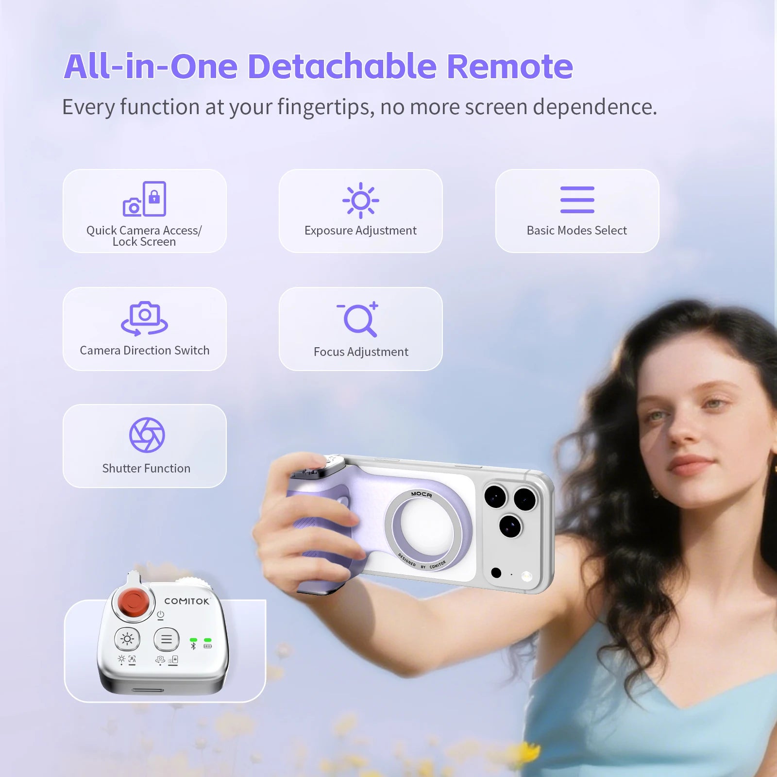 COMITOK iPhone Pro Shooting Too, 1-Click Camera/Lens Flip, DSLR Shutter, Focus Lock, Ergonomic Rechargeable Remote