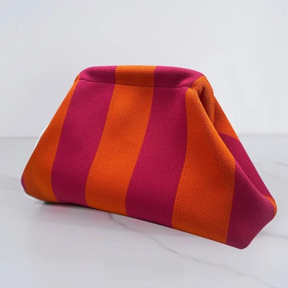 Elegant Woven Crochet Purses Large Capacity Striped Pattern Beach Clutch Handbags Woven Texture Colorblock Design