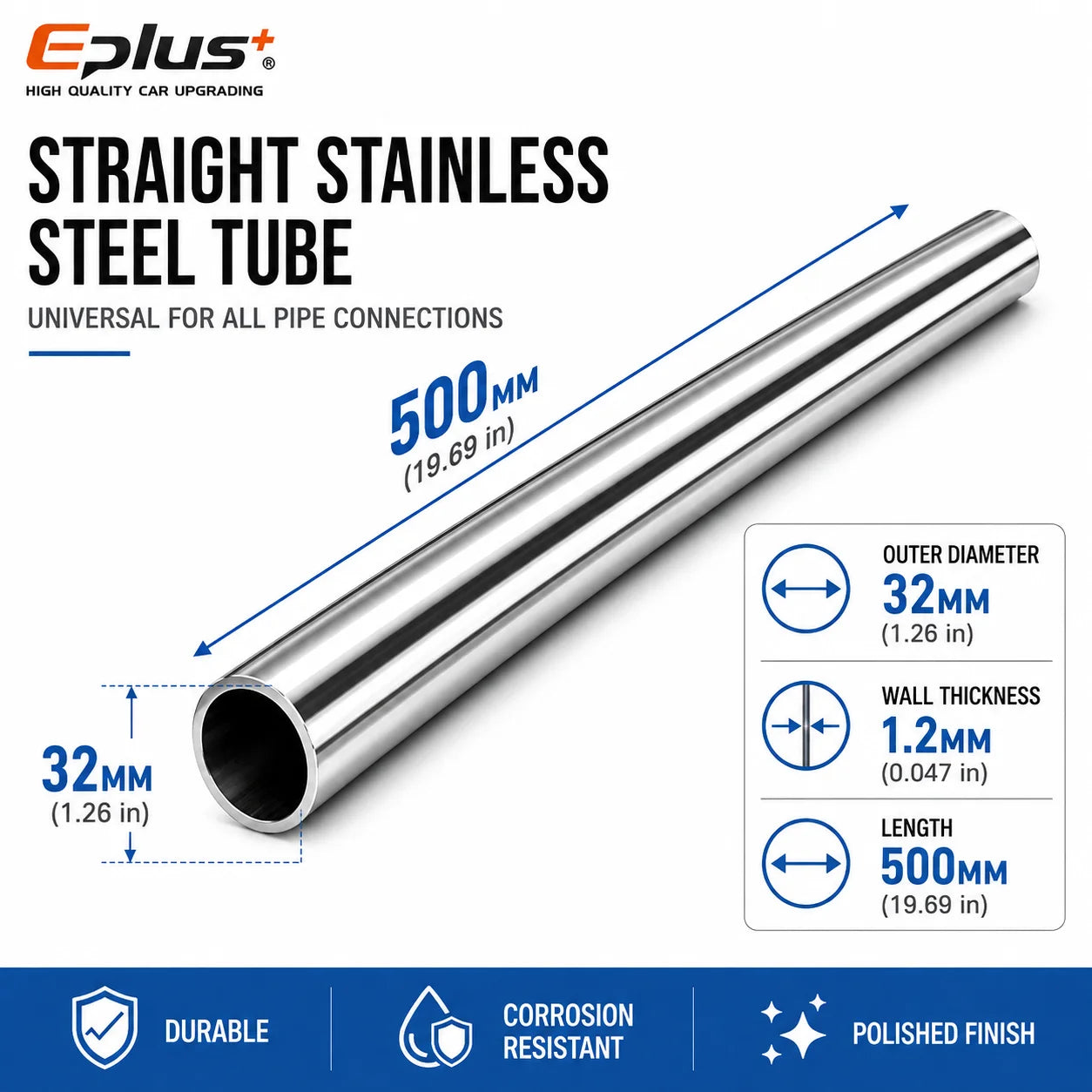 500mm Length 304 Stainless Steel Straight Pipe 1.2mm Thick Universal Round Tube OD 19-89mm for Connections metal tube Adapter