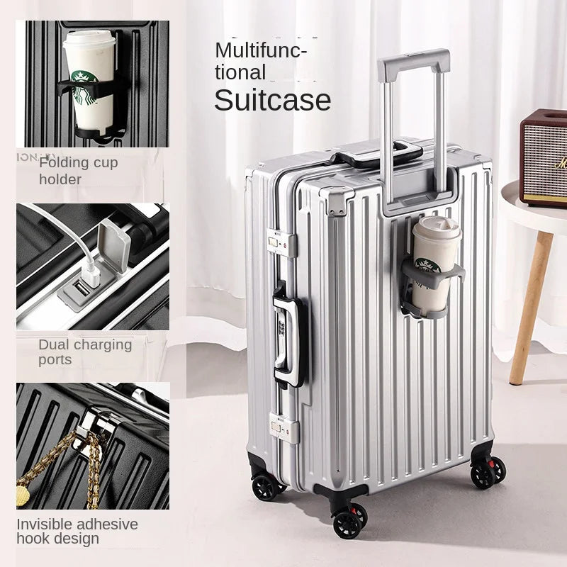Trolley Luggage 20 26 30" Aluminium-framed Suitcase with Silent Wheels Unisex High-capacity Rolling Luggage Password Suitcase