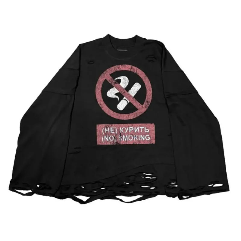 No Smoking Graphic Long Sleeve T-Shirt Men Distressed Grunge Style Oversized Top Vintage Anti-Smoking Sign Print Streetwear