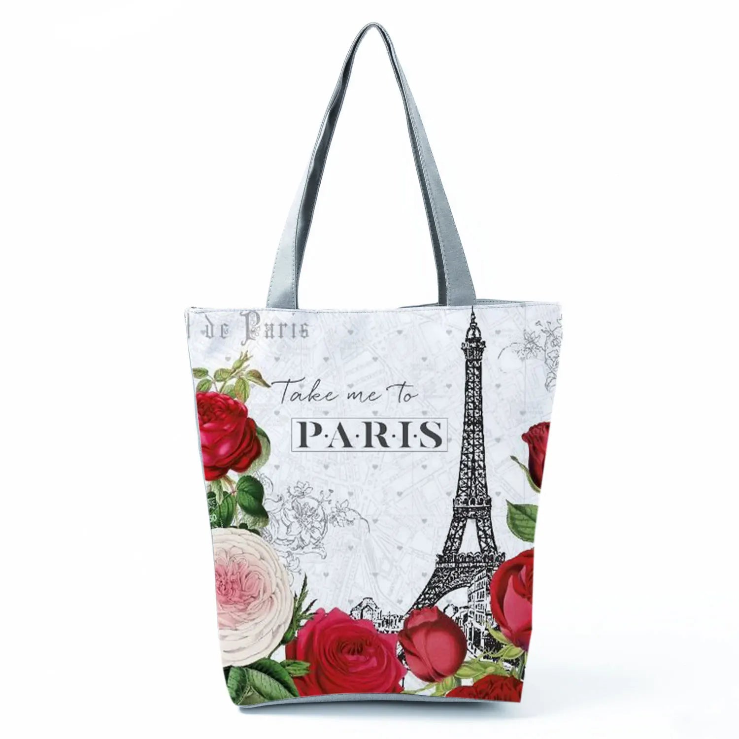Floral Eiffel Tower Print Tote Bag Paris Landscape Shoulder Bag Fashion Pretty Handbags High Capacity Shopping Bag Eco Beach Bag