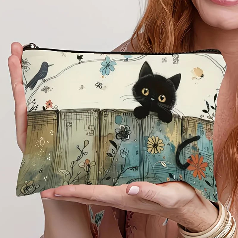 Multi Style Cat Printed Canvas Bag With Zipper Hand-Held Coin Purse Cosmetics Storage Fade-Resistant Cosmetic Bag Gift Friends
