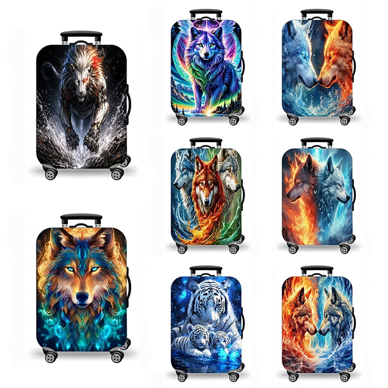 Luggage Cover, Fantasy Wolf Lion Tiger Fire Ice Print Stretch Suitcase Protector, Washable Anti-Scratch Travel Baggage Cover