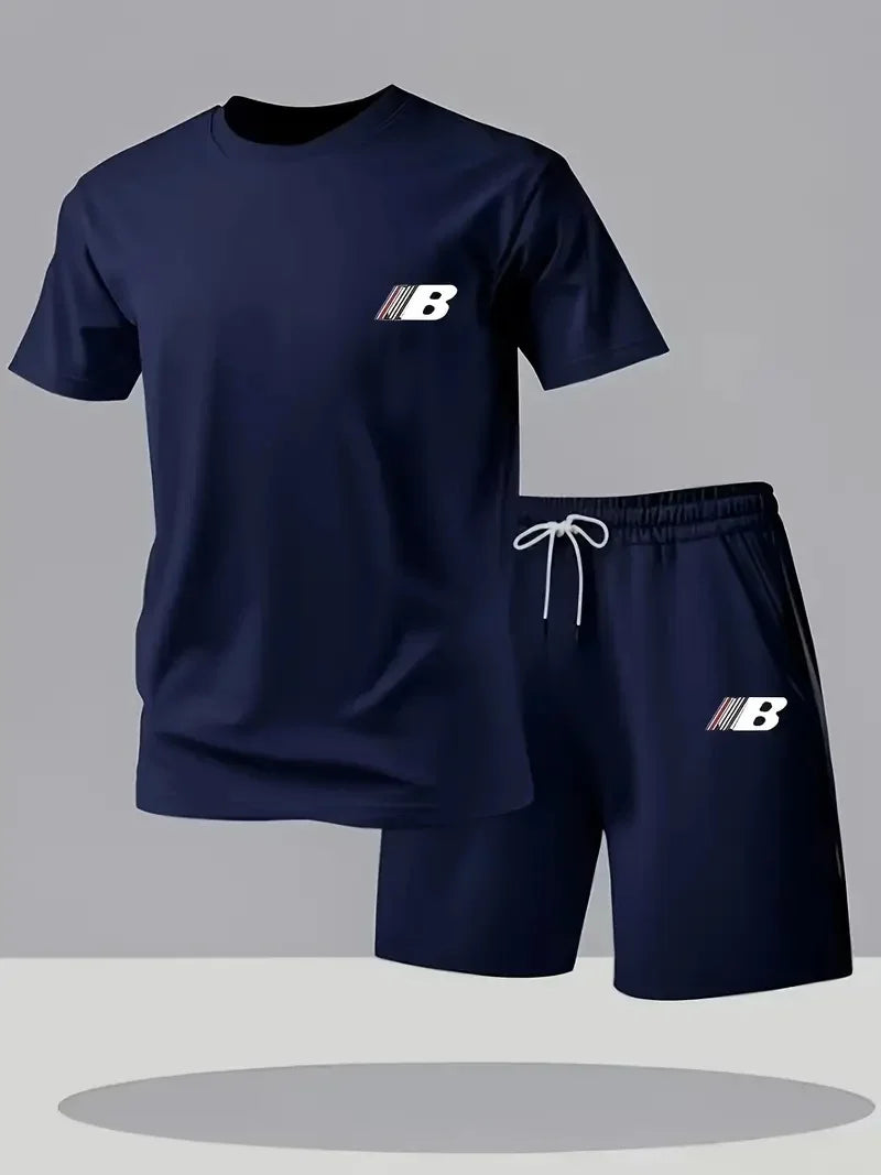 Men's Summer Breathable Sportswear Short Sleeve Shorts Set ，Lightweight Comfortable Sport Style
