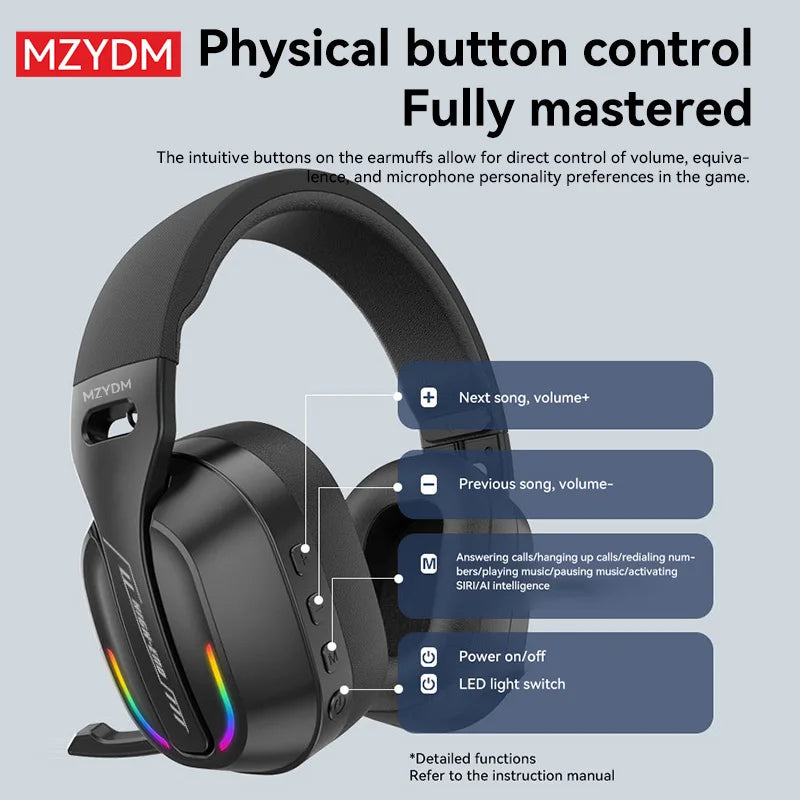 MZYDM Over Ear Headset Bluetooth5.4 Wireless Stereo Gaming B500 Earphones Built-in Mic RGB Light Low Latency Headphones For PC