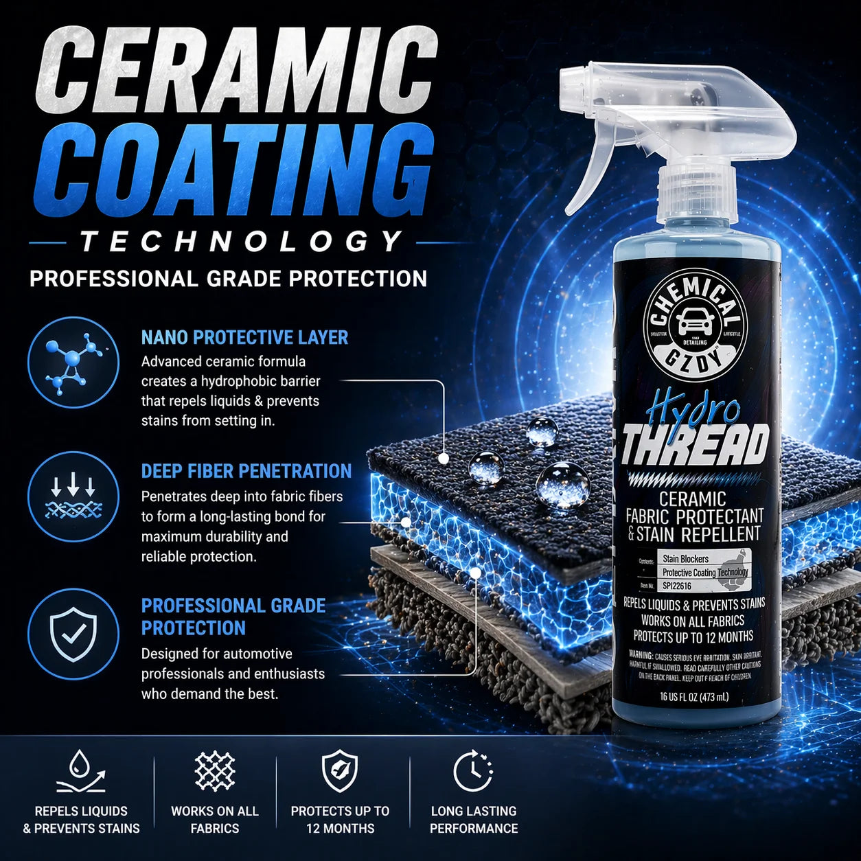 Hydrophobic Car Fabric Protector 473ml – Repels Liquids, Prevents Stains for Seats, Upholstery & Floor Mats
