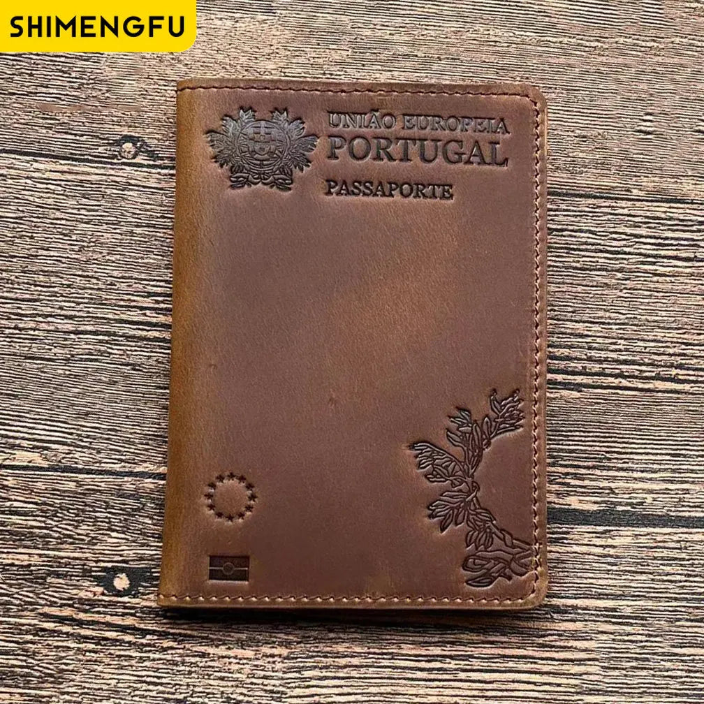 Unisex Genuine Leather Passport Cover Portugal Retro Cow Portuguese Passport Holder Protector Case Travel Wallet