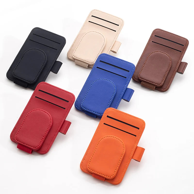 JFBONIN Leather Car Sun Visor Sunglasses Holder with Magnetic Clip Pen And Card Holder Creative Sunshade Storage Case