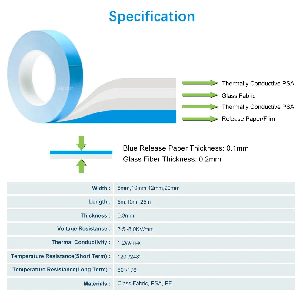 50meter/Roll 8mm 10mm 12mm 20mm Width Transfer Tape Double Side Thermal Conductive Adhesive Tape for Chip PCB LED Strip Heatsink