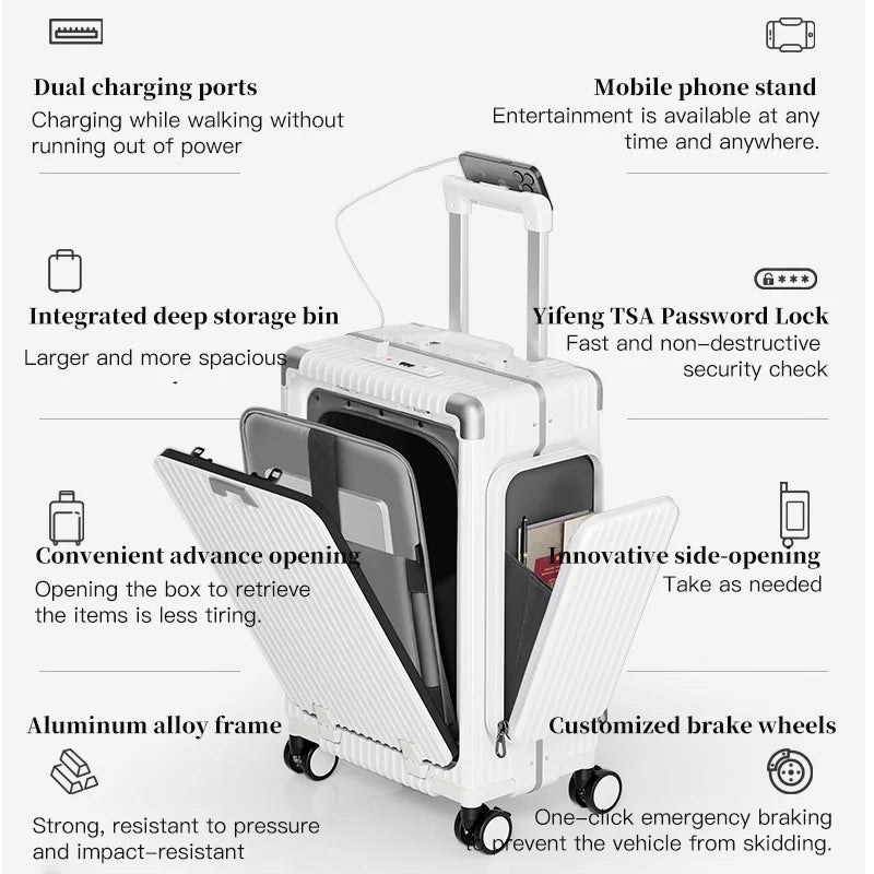New-style three-opening multifunctional front-opening suitcase, 20-inch PC material with double side pockets, large-capacity tra