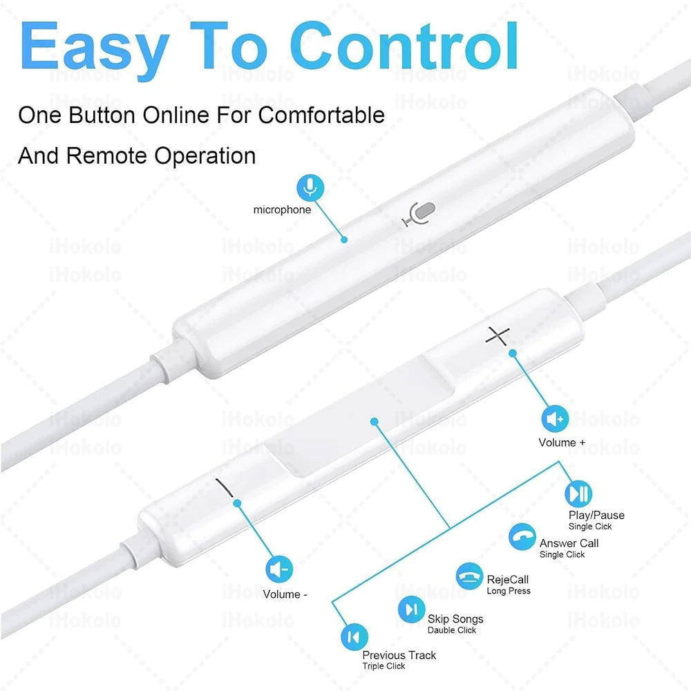 Original Headphones For Apple iPhone 17 16 15 Pro Max 14 13 12 11 USB-C Lightning 3.5mm Wired Earphone X 6 7 8 Phone Accessories