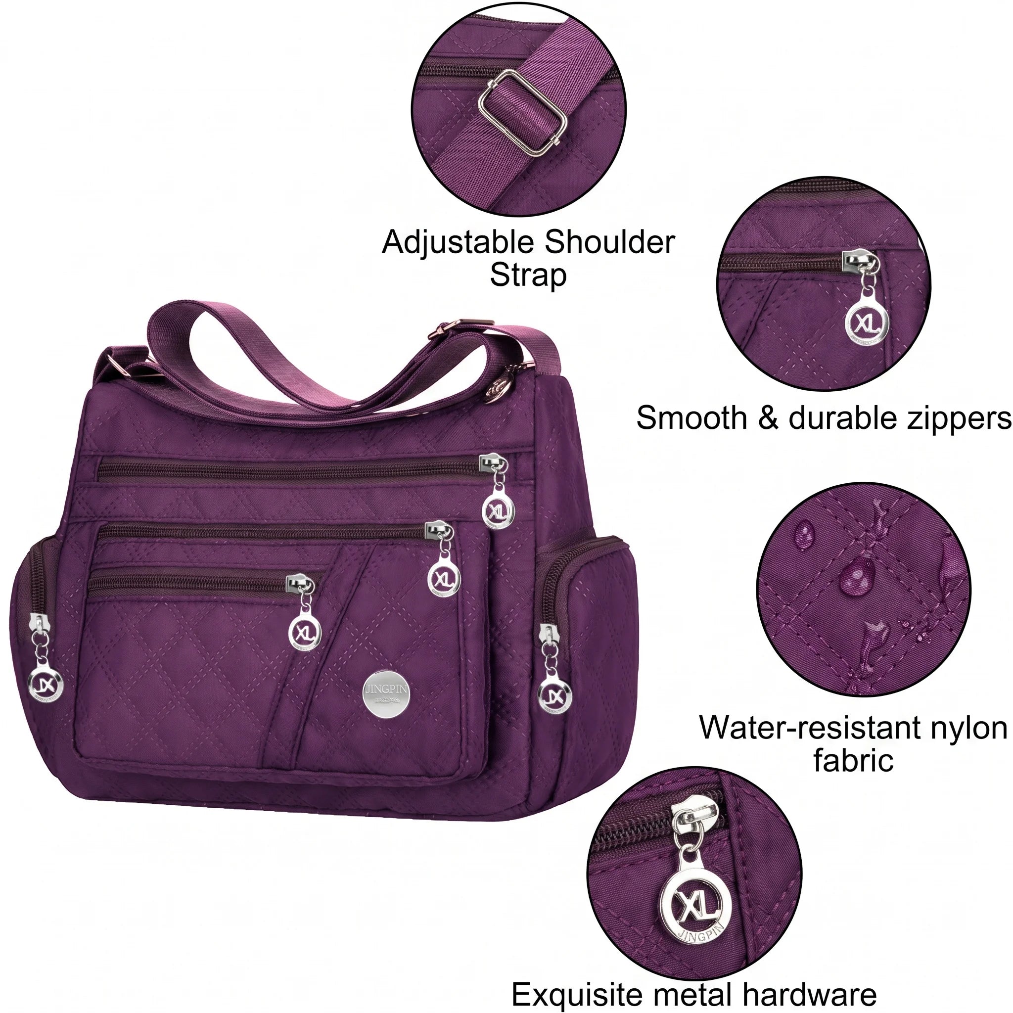 Pomelo Best Quilted Nylon Women Crossbody Shoulder Bag Multi Pockets with Adjustable Strap for Daily Travel