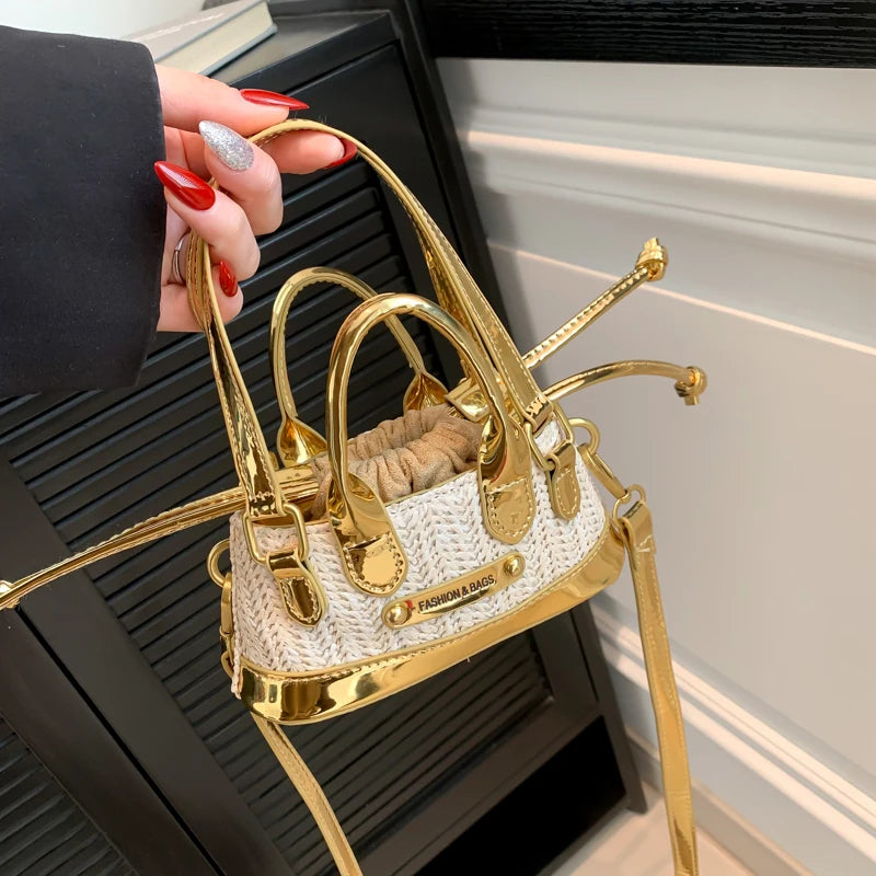 Pu Leather + Straw Handbag Clutch Bag For Women 2024 Trend Drawstring Lipstick Bag Phone Purse Versatile Mini Crossbody Bags