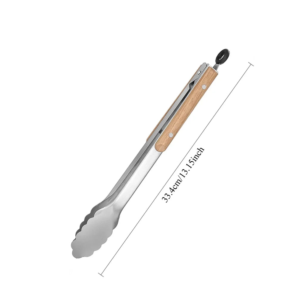 1Pcs Stainless Steel Food Tongs, Heavy Duty Kitchen Tongs with Wooden Handle for Cooking, Grilling and BBQ, 7-16 Inch Length