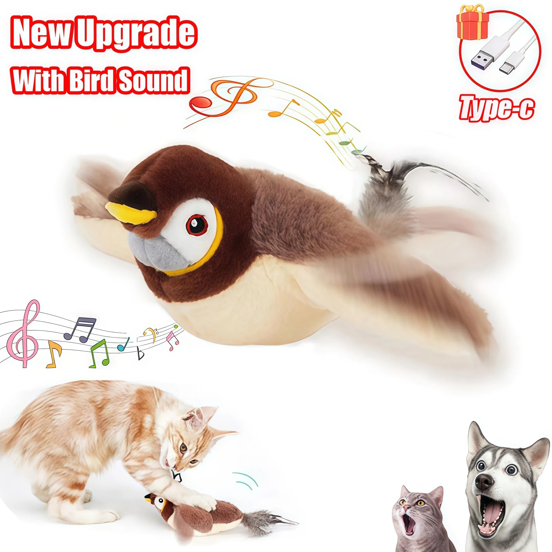 Flying Bird Cat Toy Interactive Cat Toys Rechargeable Chirping Flapping Bird(no Flying) Can Add Catnip Touch Activated Plush Toy