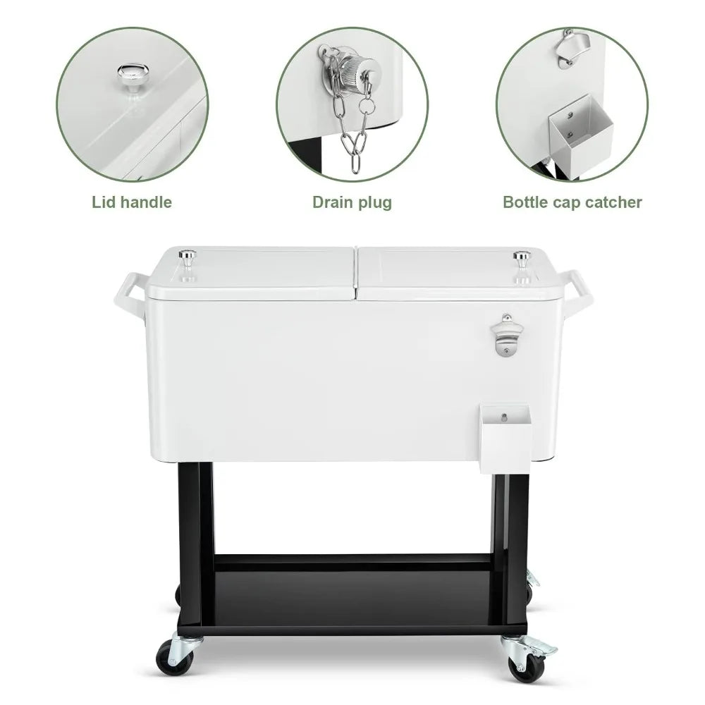 80 Quart Rolling Ice Chest Cooler Cart,Stand Up Beverage Bar Trolley For Patio Backyard Party, Custom