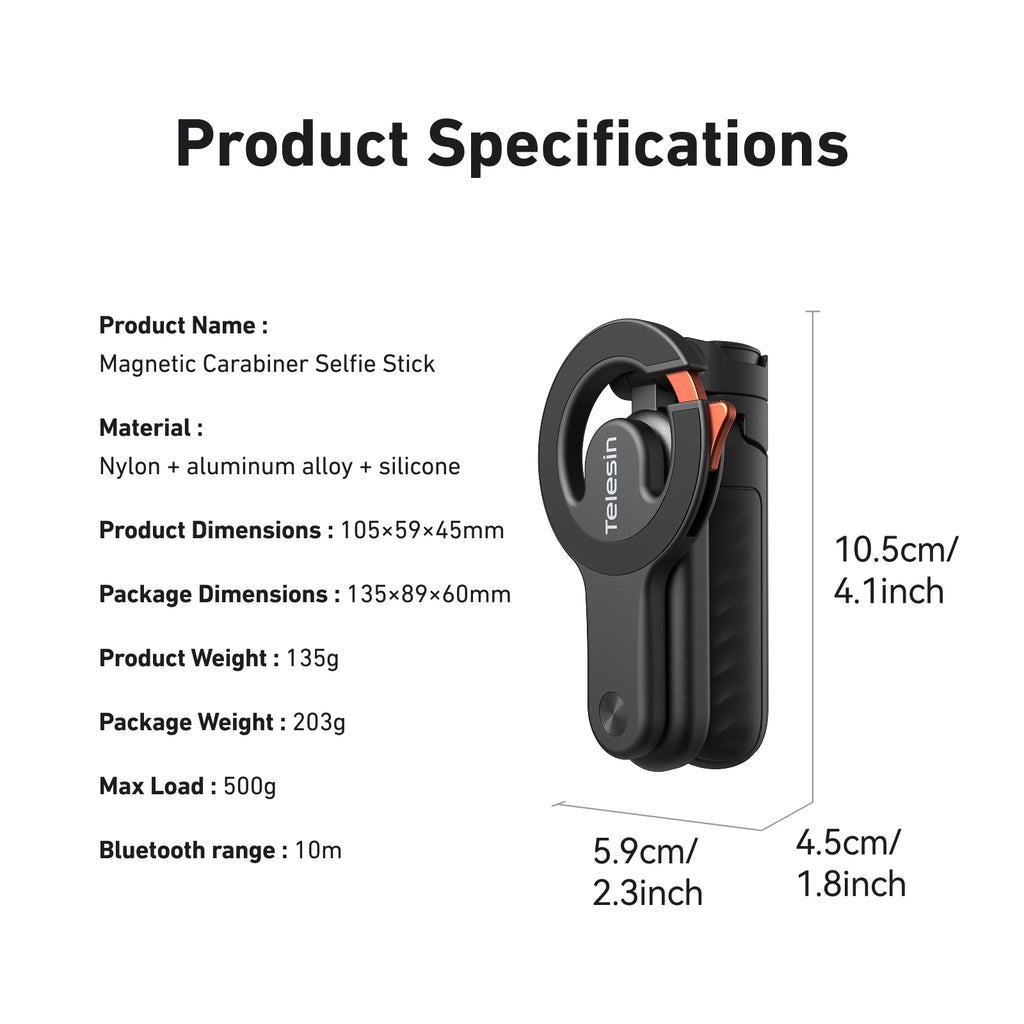 TELESIN Mini Magnetic Carabiner Wireless Shooting Aid Remote Control Hand Grip Phone Holder Selfie Stick Tripod for Smart Phone