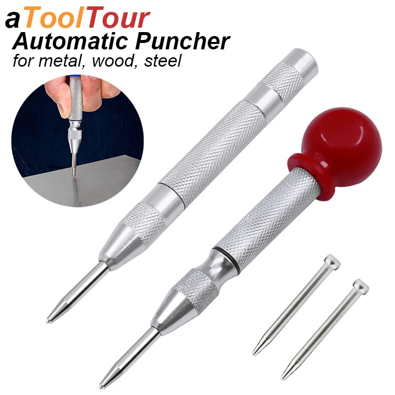 Center Punch Automatic Spring Loaded Ring Manual Puncher Impact Hole Locator Centre Tool Kit for Metal Wood Steel Sheet Leather