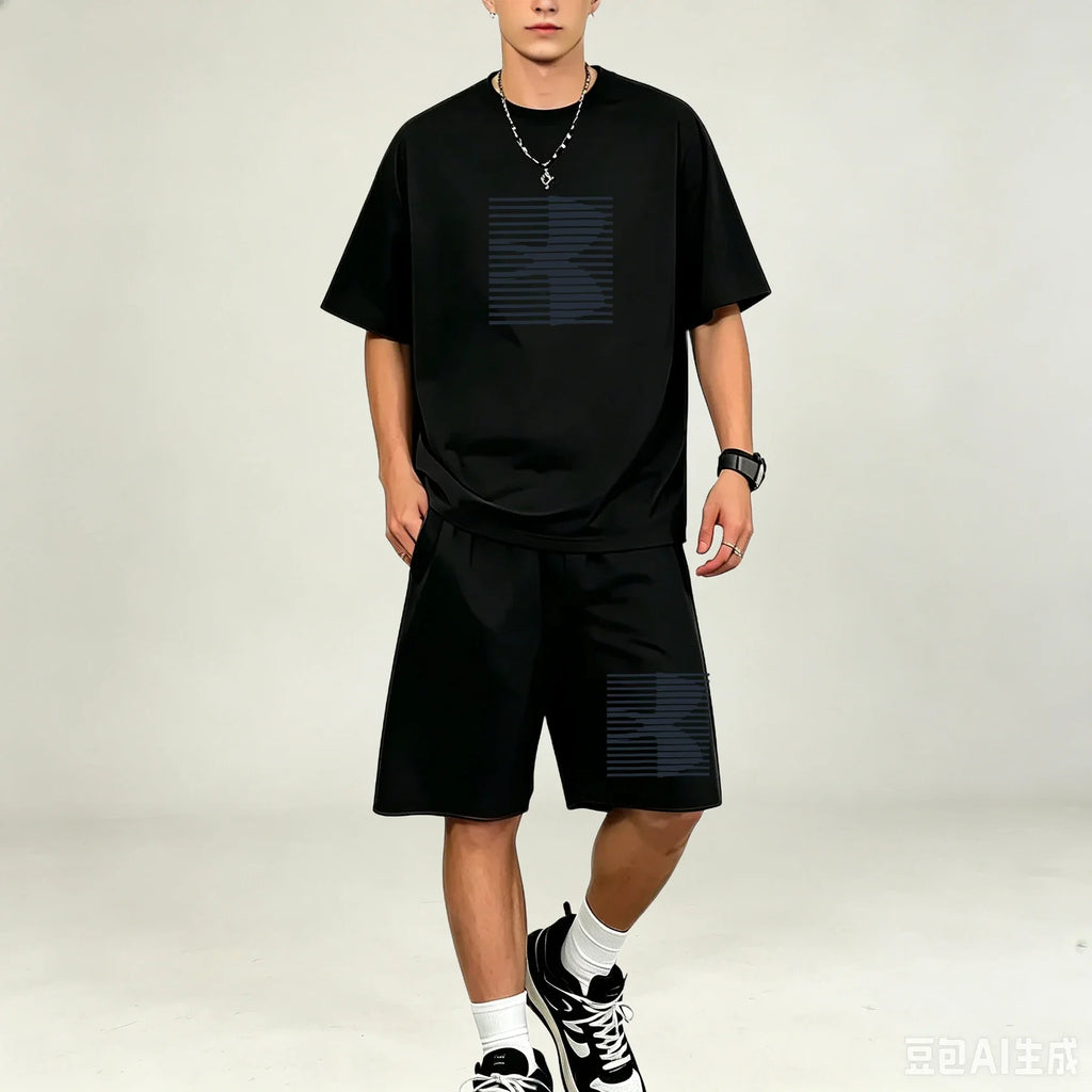 Men T‑Shirts Sets Simple Solid Color 2‑Piece Outfit Breathable Cotton T‑Shirts Sets Fashion Casual Sport Suit Workout Daily Wear
