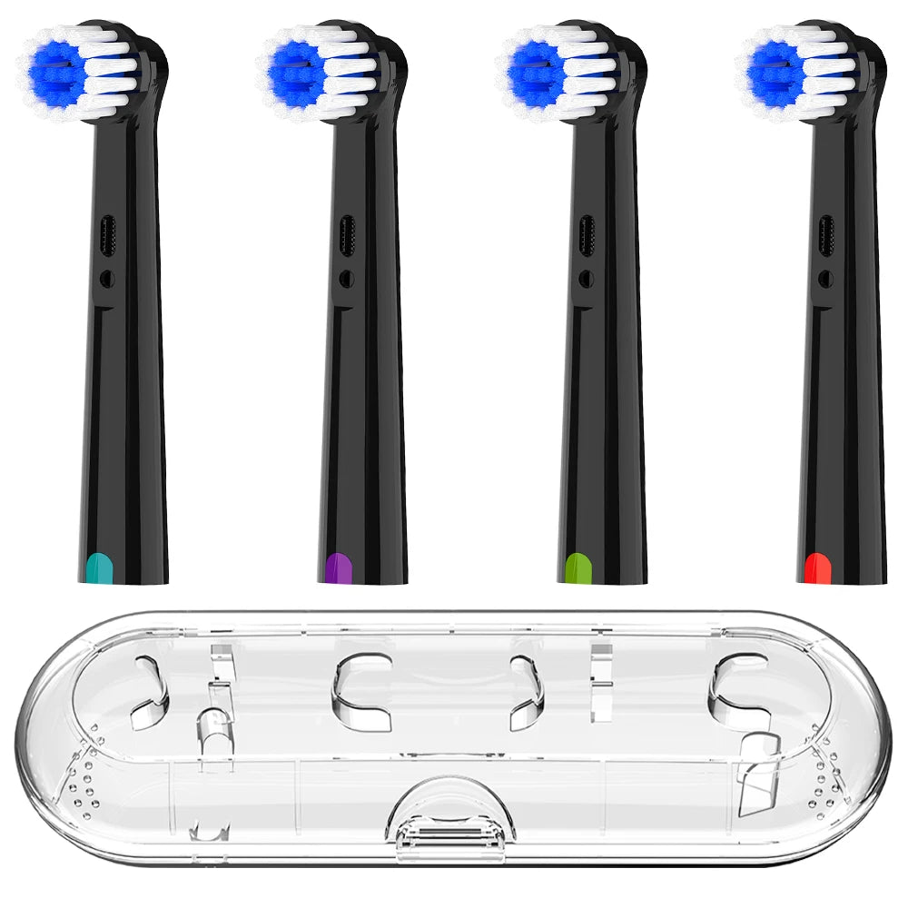 Clear Toothbrush Travel Case and 4 Pack Soft Rotating Replacement Brush Heads Set Compatible with Oral B Electric Toothbrushes