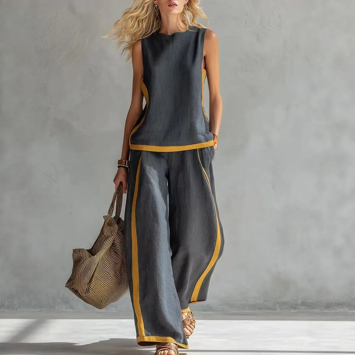 Simple Stripe Print Women's Suits Summer Fashion Sleeveless Loose Blouse Wide Leg Pants Two Piece Set For Women Casual Outfits