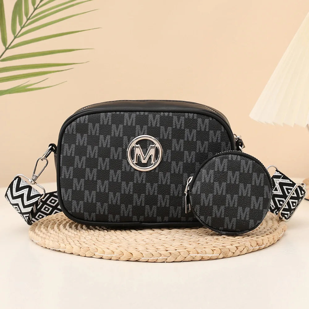 Vintage Letter-Printed Camera Bag for Women, Two-Piece Set, Stylish and Unique Shoulder Crossbody Bag with Wide Webbing Strap and Coin Purse