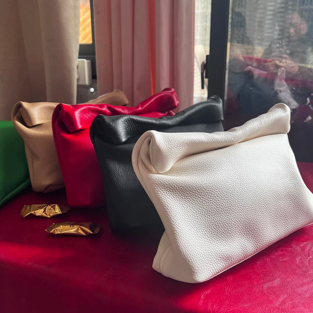 100% Genuine Leather Cowhide Handbag High Quality Leather Women's Foldable Designer Handbag Simple Magnet Handle Bags