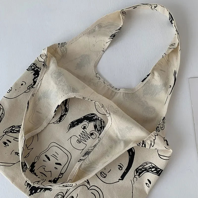 Youda Women Shoulder Tote Bag Canvas Vest Cartoon Print Handbags Large Capacity Soft Shopping Bags Girls Personality Schoolbag