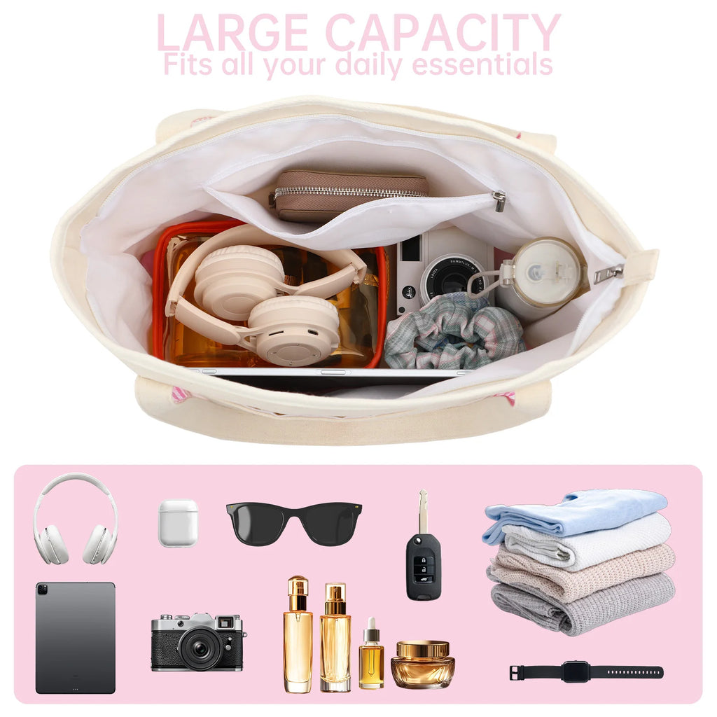 Gingham Canvas Tote Bag For Women Summer Beach Bag With Zipper Closure Roomy Interior Pink/Blue Large Capacity Shopping Bag