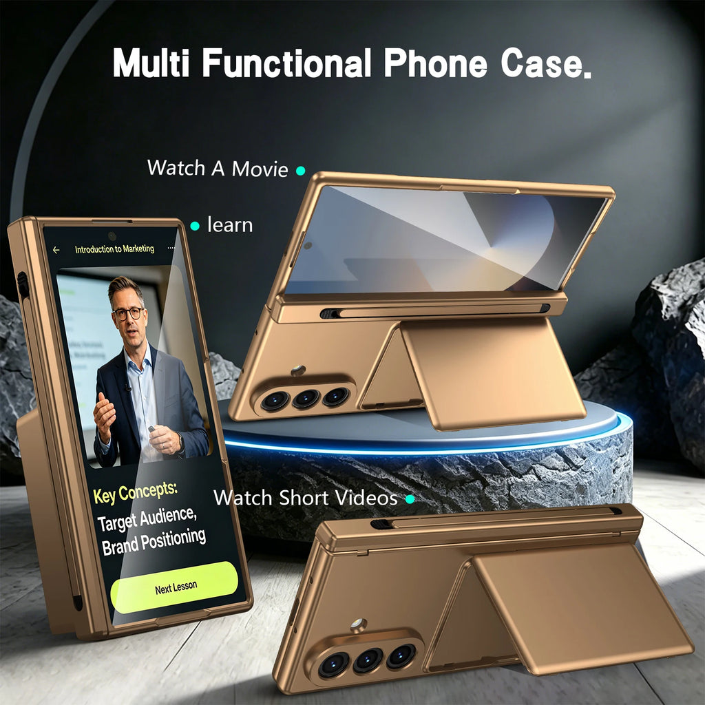 Hinge Wallet Card Slot Bracket Phone Case for Samsung Galaxy Z Fold 5 6 7 8Ultra with Screen Glass Protect Film S Pen Slot Cover