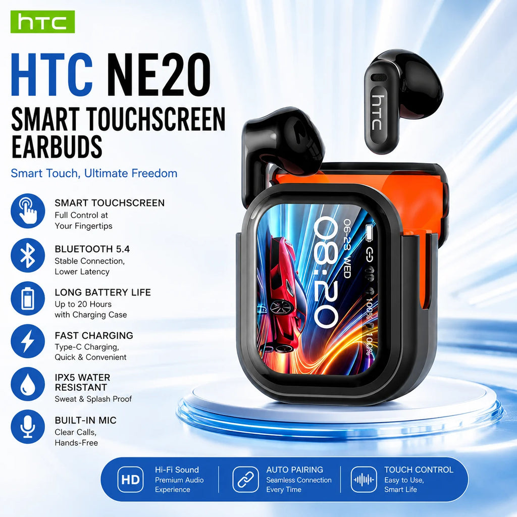 HTC NE20 TWS Bluetooth 6.0 Earbuds Smart LCD Touchscreen Real-Time AI Translation ENC Noise Reduction HiFi Audio for Sport