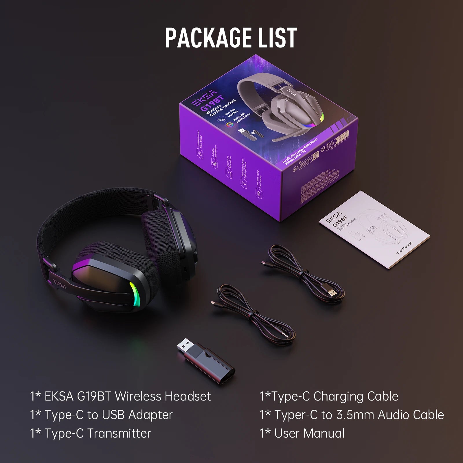 EKSA G19BT 2.4GHz Wireless Gaming Headphones Ultra-light Bluetooth 5.4 Headset Gamer with Microphone for PC/PS5/Xbox