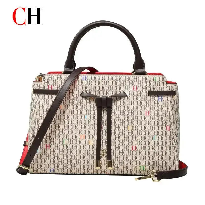 CH Women's Embossed Top Handle Handbag Elegant Bow Detail Shoulder Crossbody Bag Large Capacity Commuter Office Tote Purse