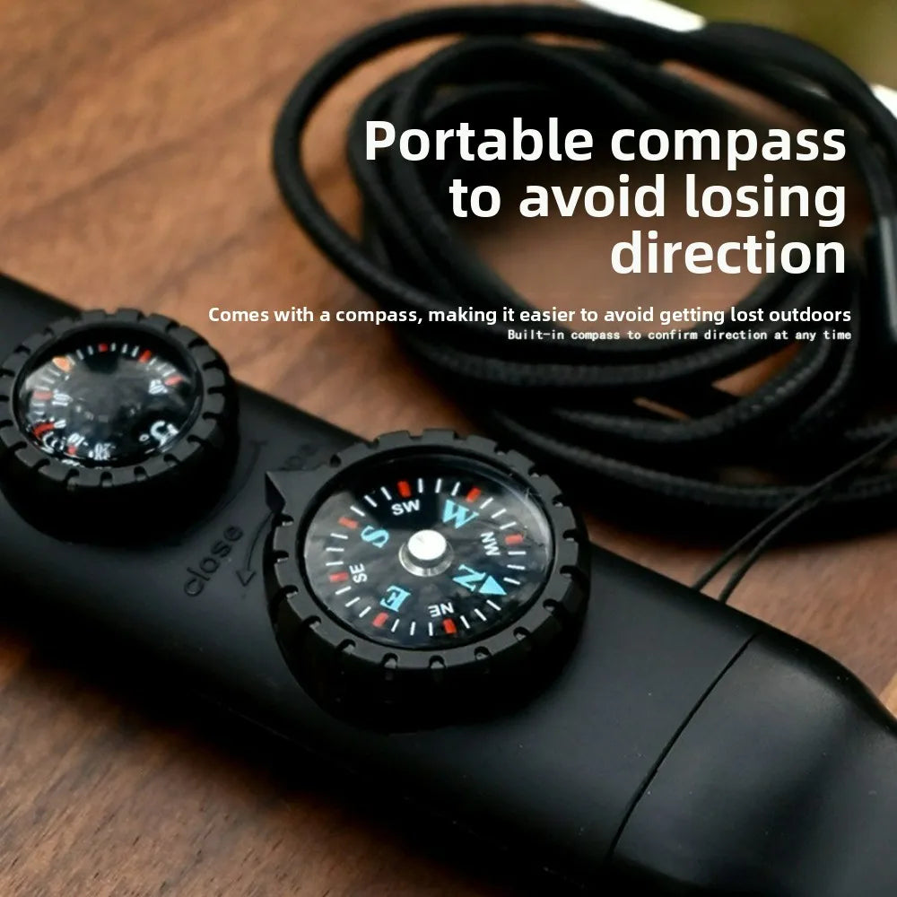 7-in-1 Multifunctional Outdoor Survival Whistle with LED Light Thermometer Compass for Camping Hiking Emergency Rescue Safety