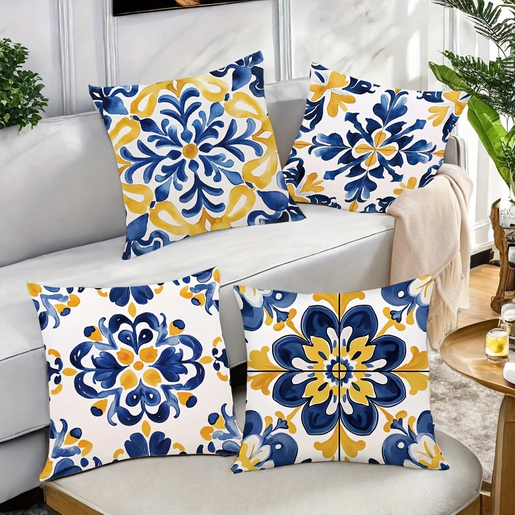 4-Piece Set, Vibrant and Intricate Blue-Yellow Tile Pattern - Inspirational Pillow Cover Decoration, Insert Not Included