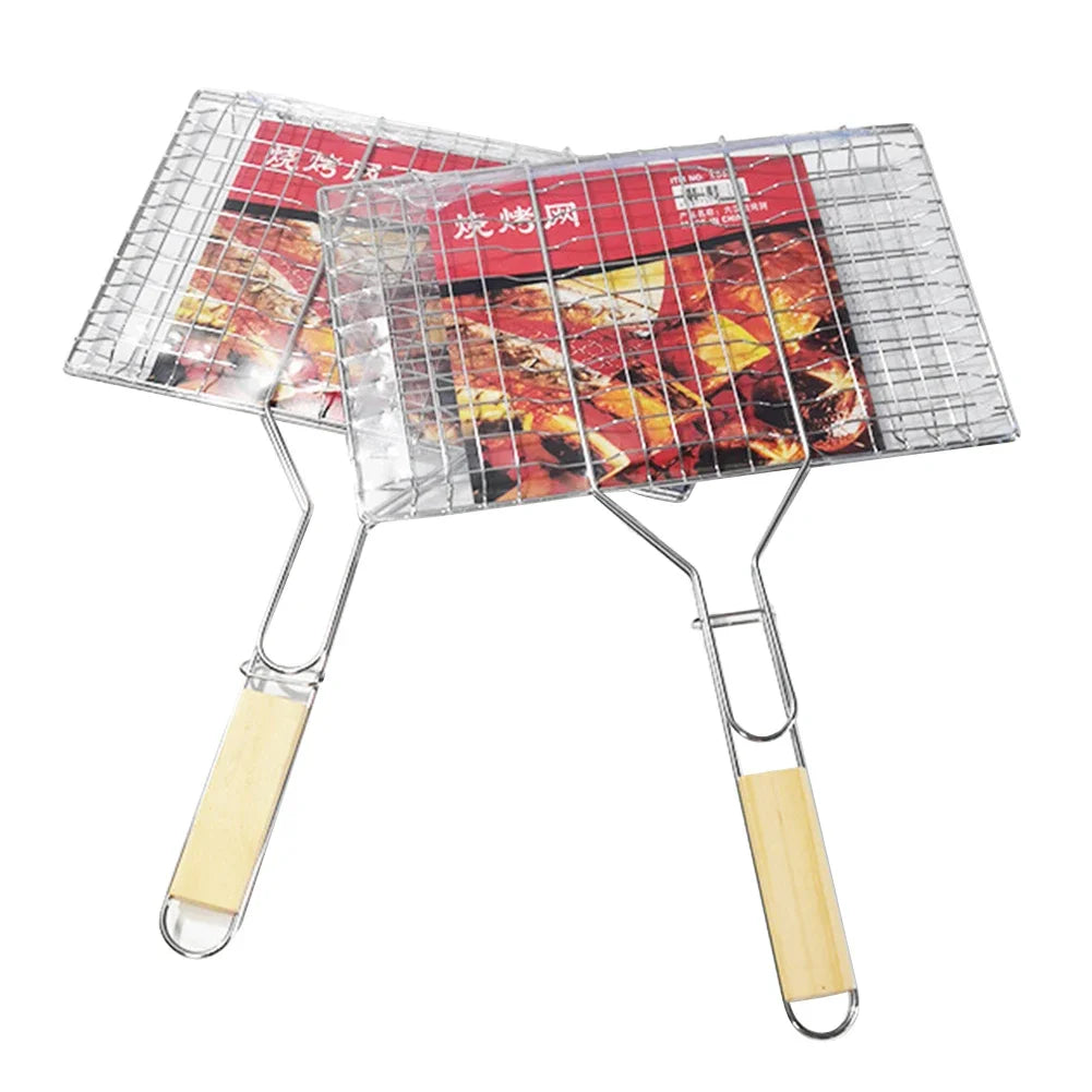 Folding Portable Outdoor Camping Stainless Steel BBQ Rack with Removable Handle Grilling Basket Barbeque Griller Cooking Tools