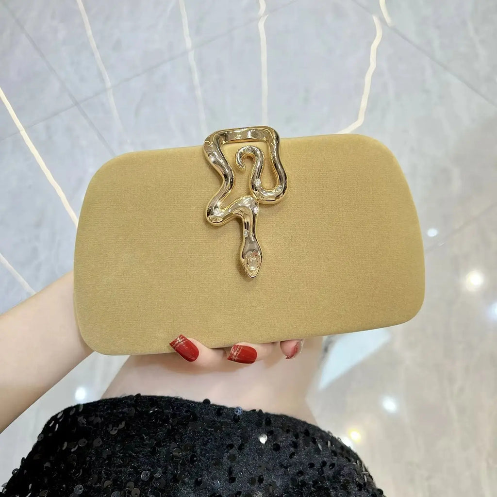 New Velvet Clutch for Women, Elegant Crossbody Bag with Snake-Shaped Buckle & Rhinestone Decoration, Luxury Evening Handbag
