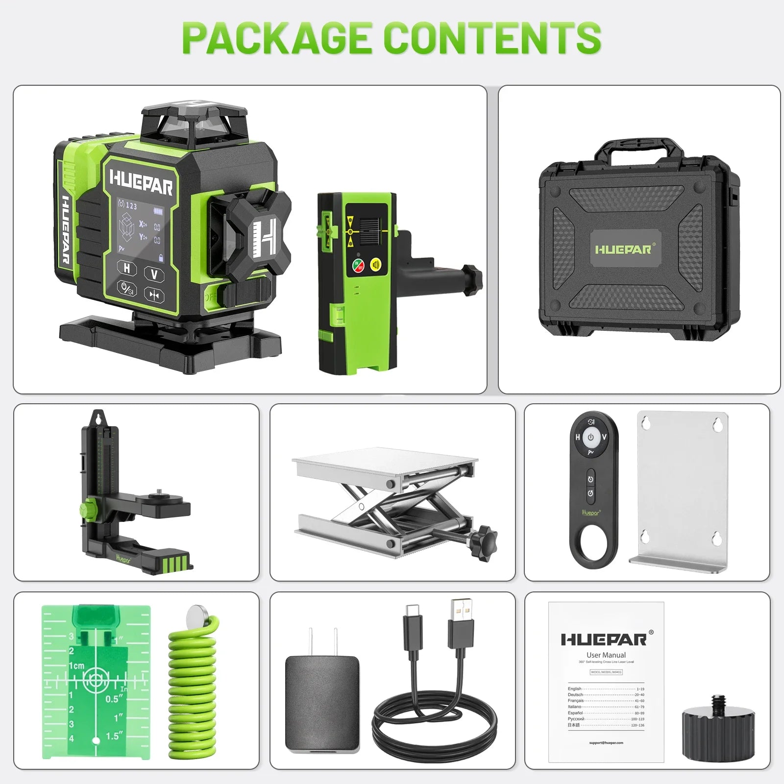 Huepar W04CG 16 Green Lines 4D Self-leveling Remote & Bluetooth Control Laser Level with LCD Touch Panel