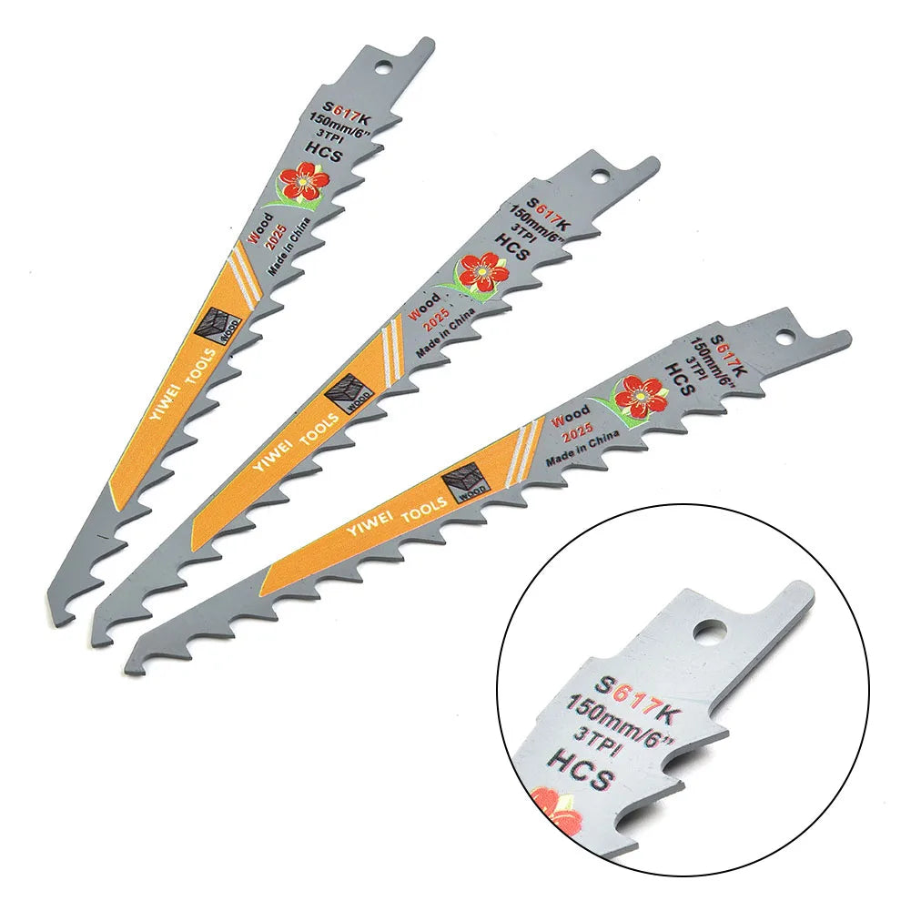 3pcs 6-Inch 3-TPI HCS Reciprocating Saw-Blades For Fast Wood Cutting Nail Embedded Pruning Curved And Plunge Cuts Black