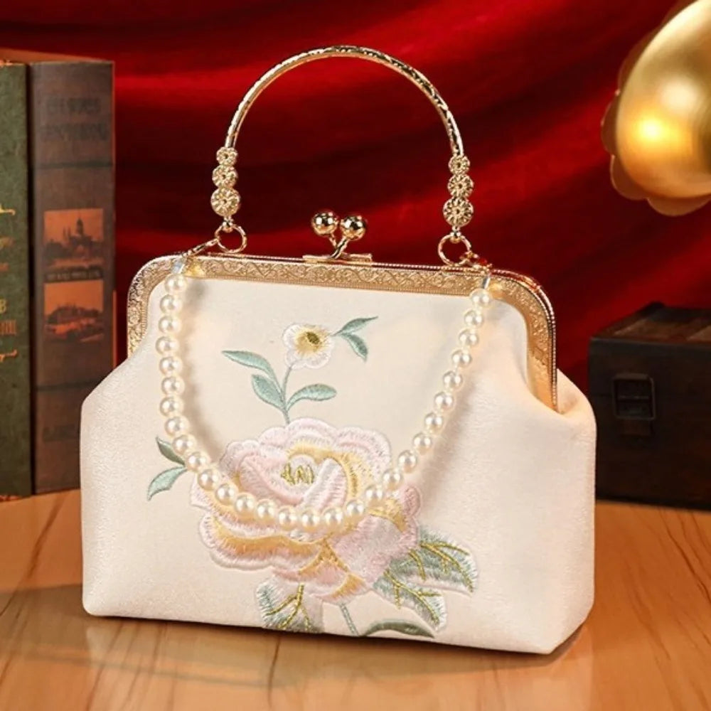 Popular Chinese Style Banquet Bag Embroidery High Capacity Shoulder Bag Pearl Handle Trendy Crossbody Bag Women